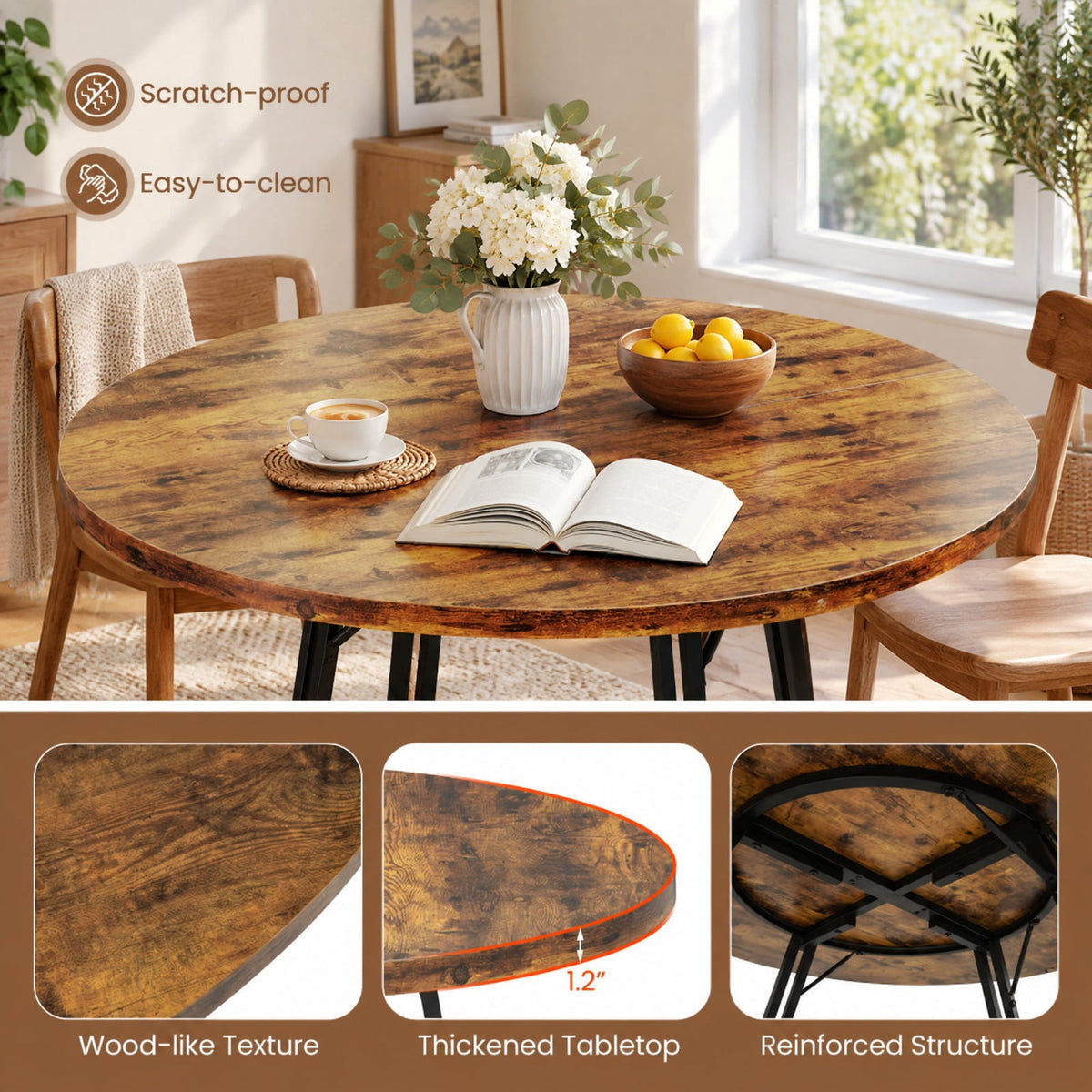 Airfind 47 Inch Dining Table for 4-6 People Round Kitchen Table with Cross Base, 200 lbs Capacity, Metal MDF Frame, 47 x 30.5 Footprint, Brown