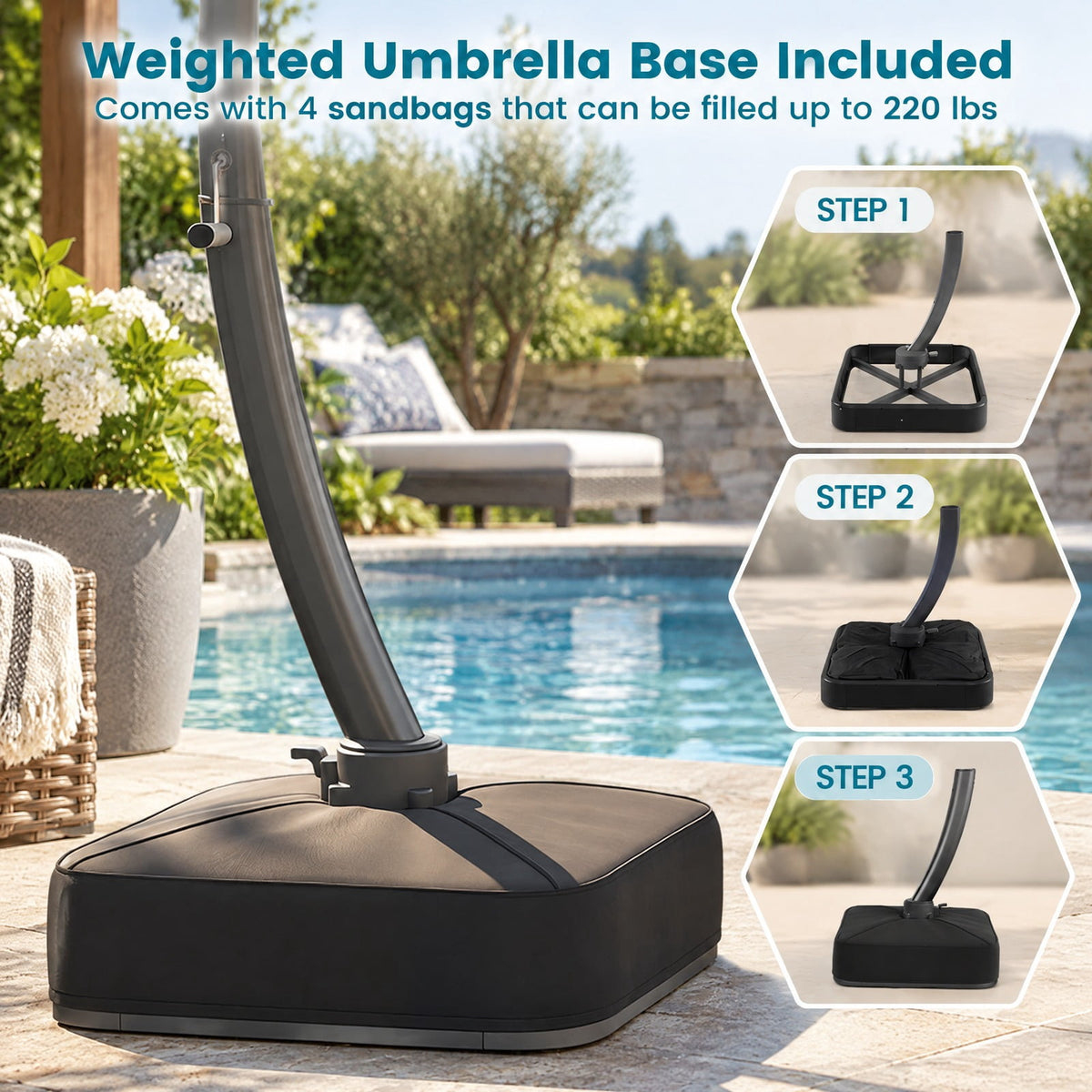 Airfind 11 FT Cantilever Patio Umbrella with Base with 360° Rotation and Tilt Adjustment, Polyester Fabric Aluminum Metal Frame, Navy