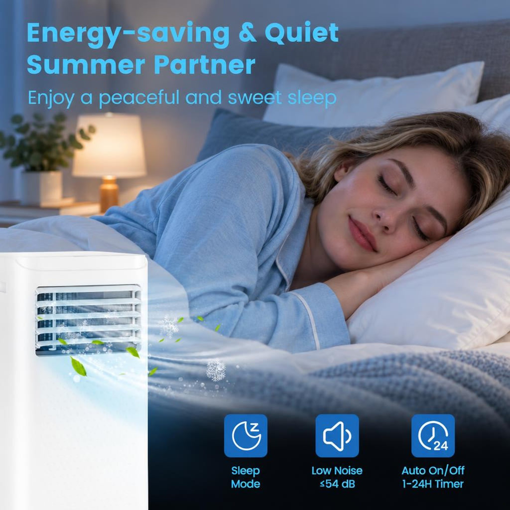 Airfind 8000 BTU Portable Air Conditioner with Dehumidifier and Fan Mode, ABS Frame, White, 24H auto on/off timer to save energy