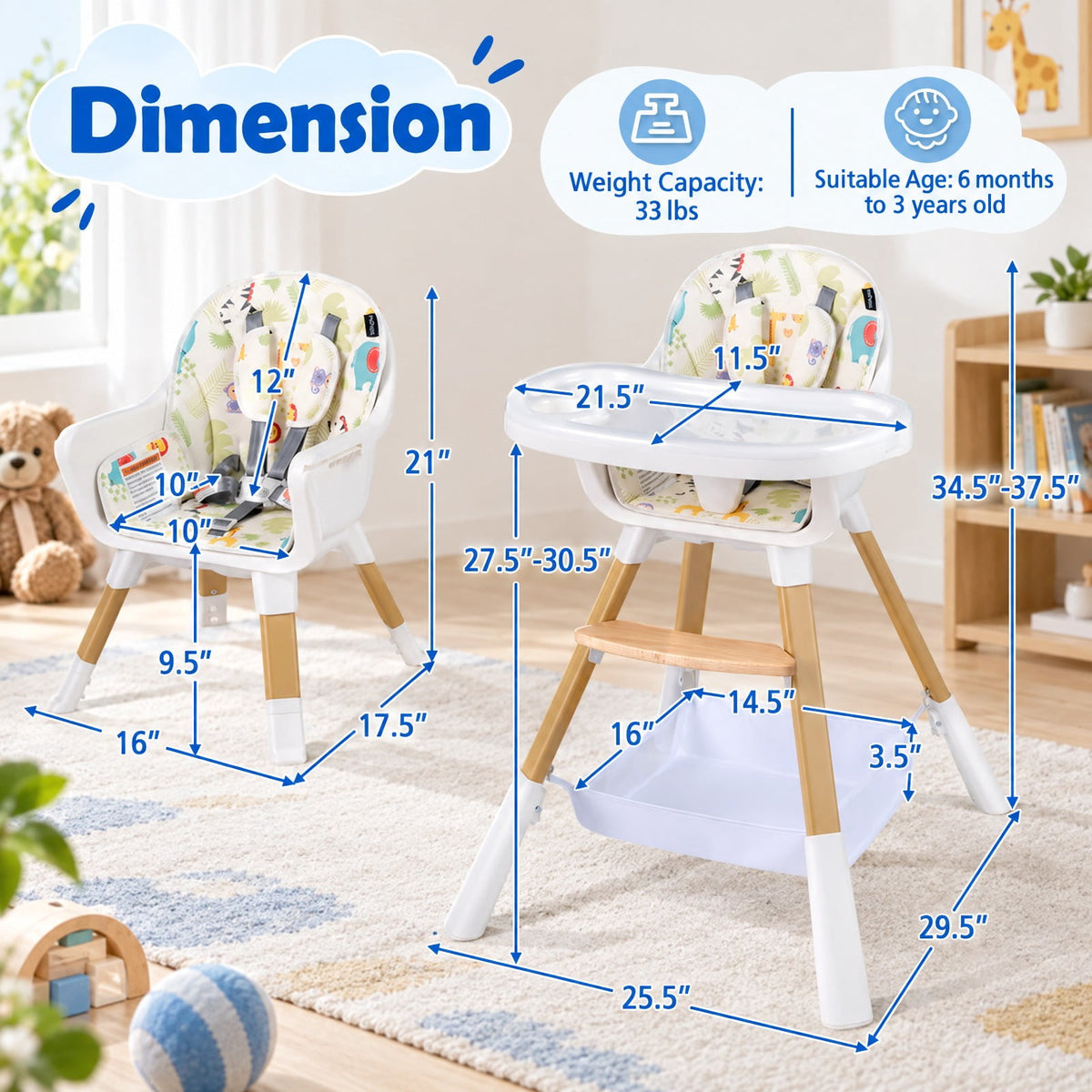Airfind 4-in-1 Convertible Youth High Chair, 33 lbs Capacity, Metal Frame, Suitable for Ages 6 Months to 3 Years, Colorful