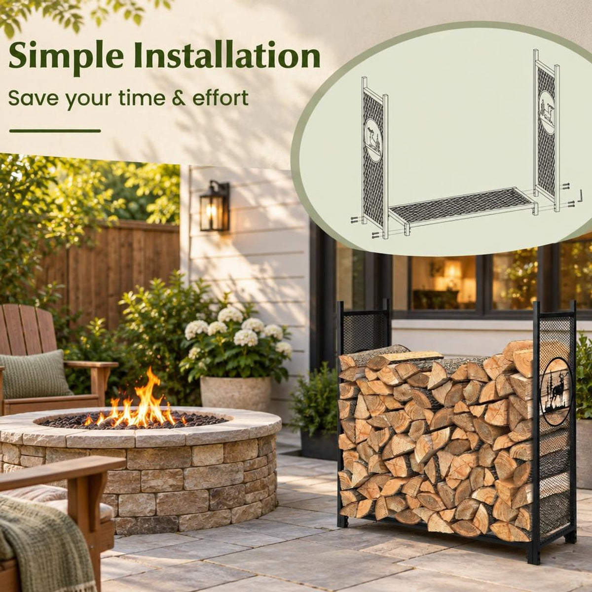Airfind 4 Feet Firewood Rack Stand with Mesh Sides, 300 lbs Capacity, Metal Frame, 48 x 15 x 46 Footprint, Black