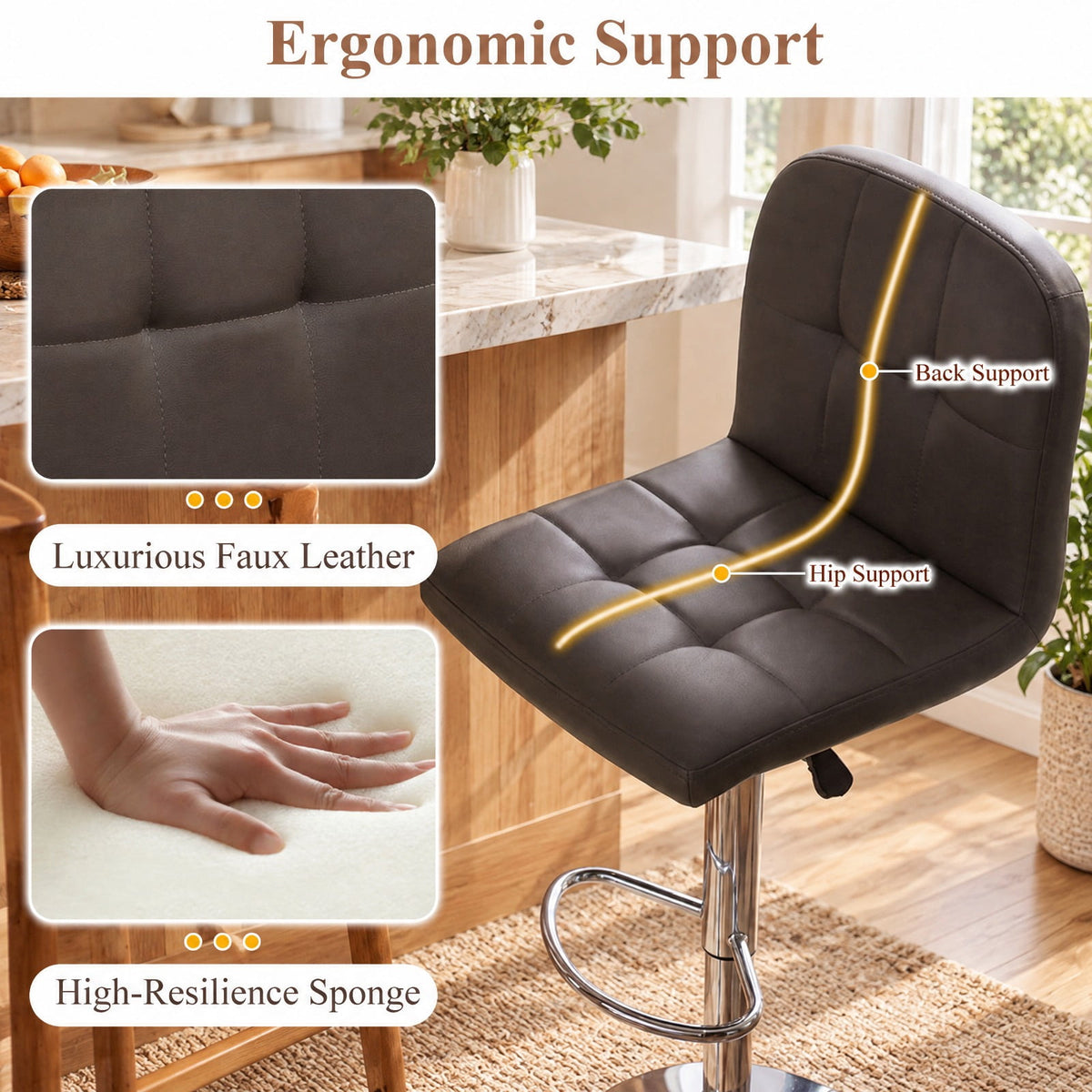 Airfind Swivel Bar Stools Set of 2 with Footrests and Metal Base, 250 lbs Capacity, Faux Leather Sponge Metal Plywood Frame, Brown