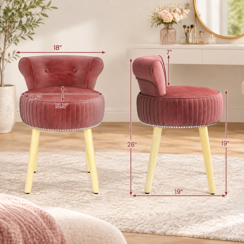 Airfind Velvet Vanity Chair with Back Upholstered Vanity Stool with Tufted Low Back and Solid Wood Legs, 234 lbs Capacity, Rubber Wood Frame, Pink