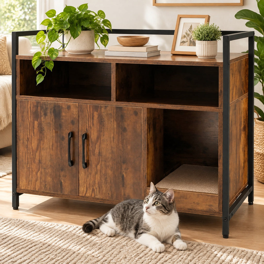 Airfind Hidden Cat Washroom with Double Doors and Scratch Cardboard, MDF Metal Frame, 35 x 17.5 x 29.5 Compartment Footprint, Coffee