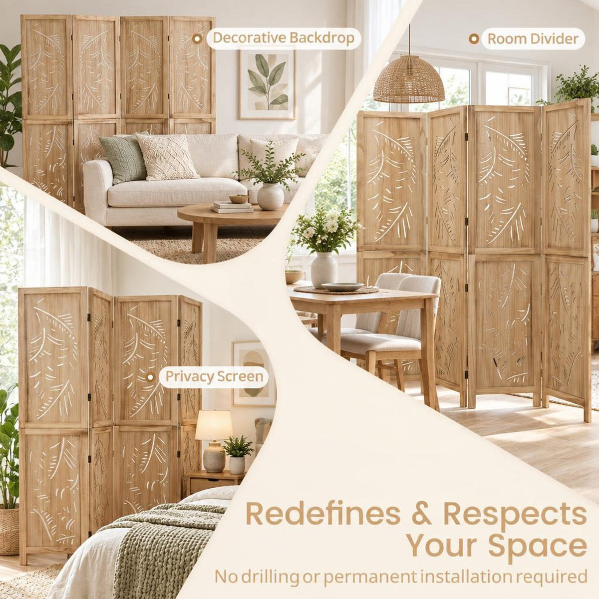 Airfind 4-Panel Wooden Room Divider with Palm Leaf Design and Paulownia Frame for Home, 67in x 16in x 3.5in Footprint, Natural
