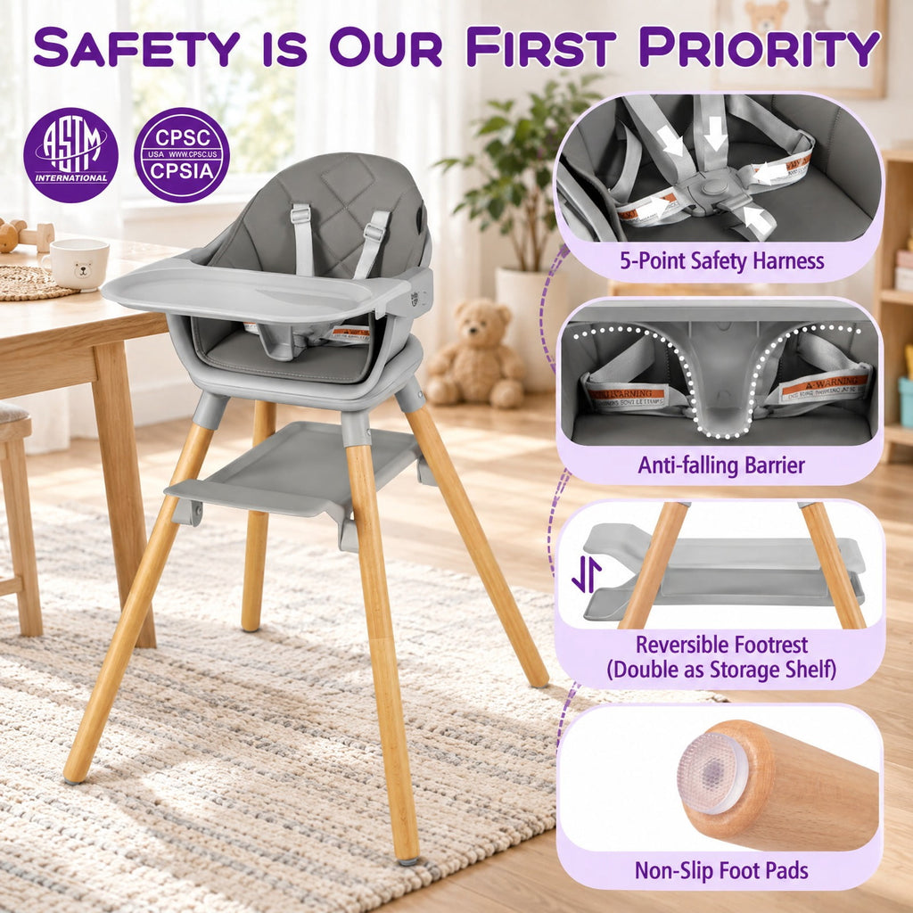 Airfind 6 in 1 Convertible Highchair with Safety Harness and Removable Tray, PP PU Beech Frame, 24.5 x 23 x 35.5 Footprint, Gray