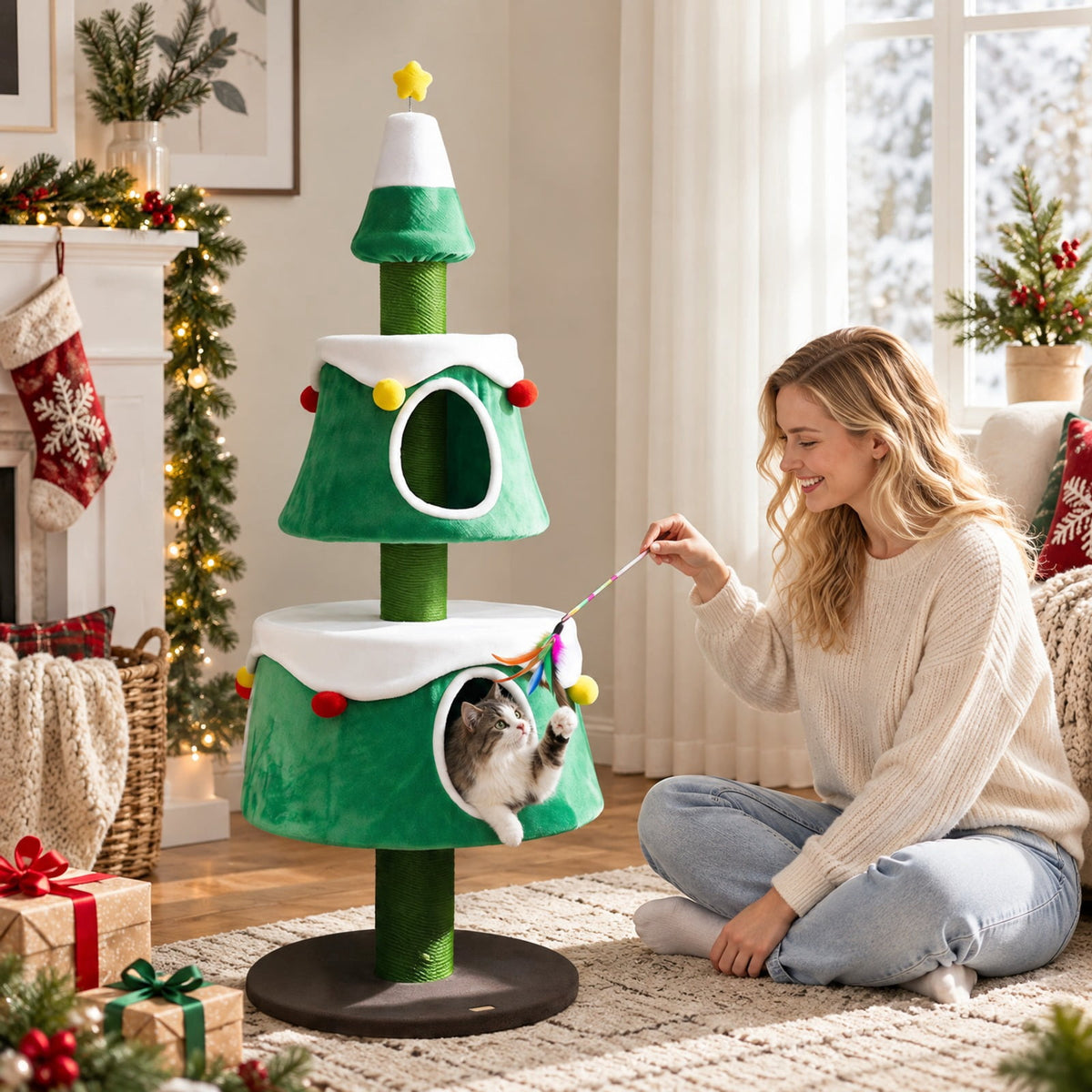 Airfind 61.5in Cat Christmas Tree for Indoor Kittens with 2 Large Condos Star Spring Toy and Decorative Balls, Green