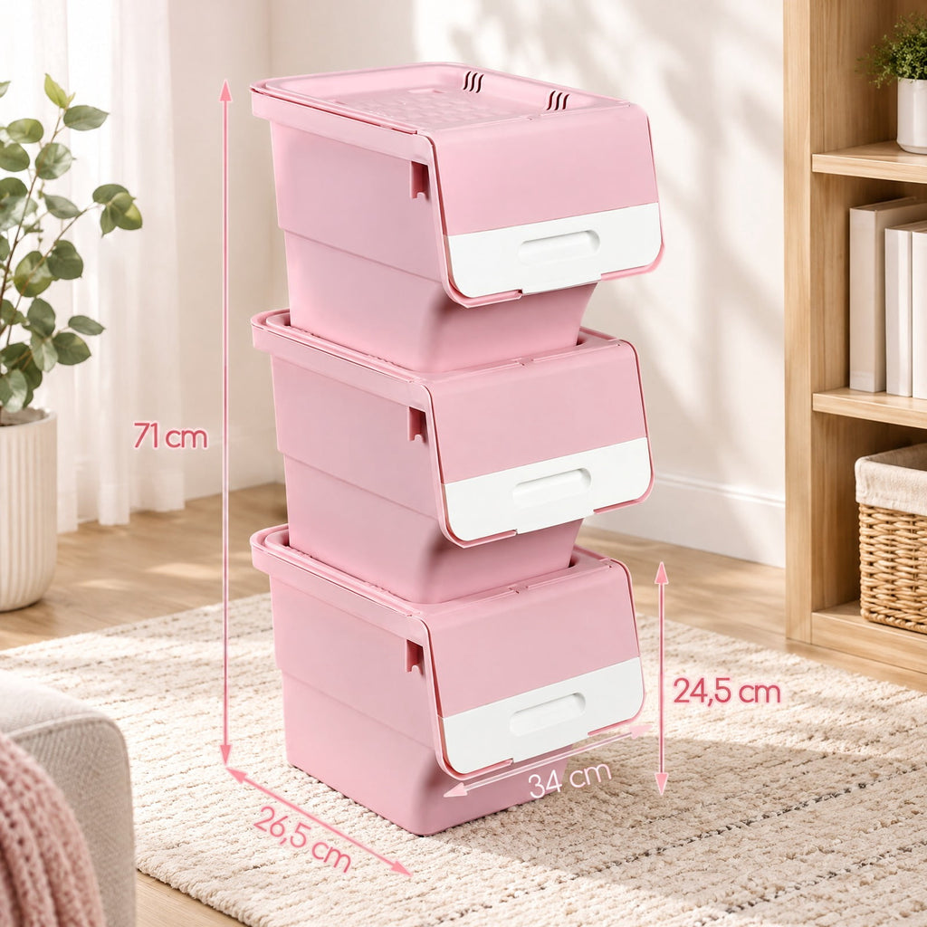 Airfind 3 Pieces Storage Bins on Wheels Stackable Plastic Boxes with Stay-Open Lid (S), 13 lbs Capacity, PP Frame, Pink