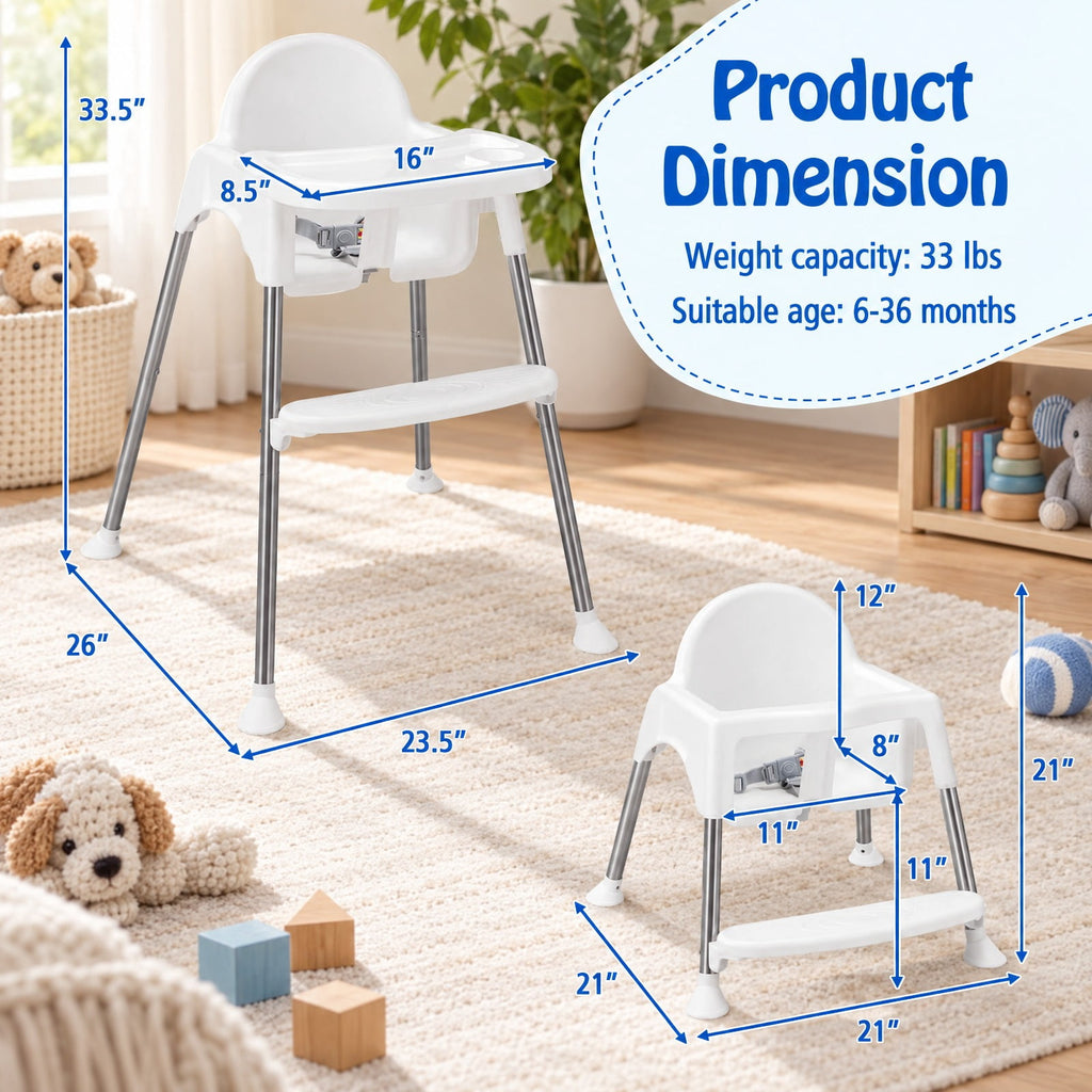 Airfind 4-in-1 Convertible Youth High Chair with Removable Double Tray, 33 lbs Capacity, PP Frame, for 6-36 Months, 26 Inch x 23.5 Inch x 33.5 Inch, White