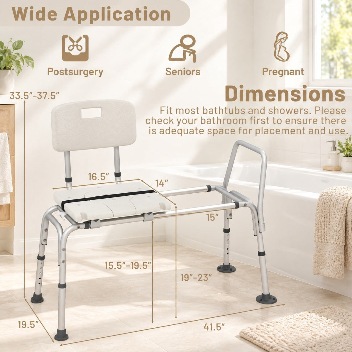 Airfind Sliding Tub Transfer Bench with Extra, 350 lbs Capacity, Aluminum Frame, 41.5 x 19.5 x 33.5-37.5 Footprint, White