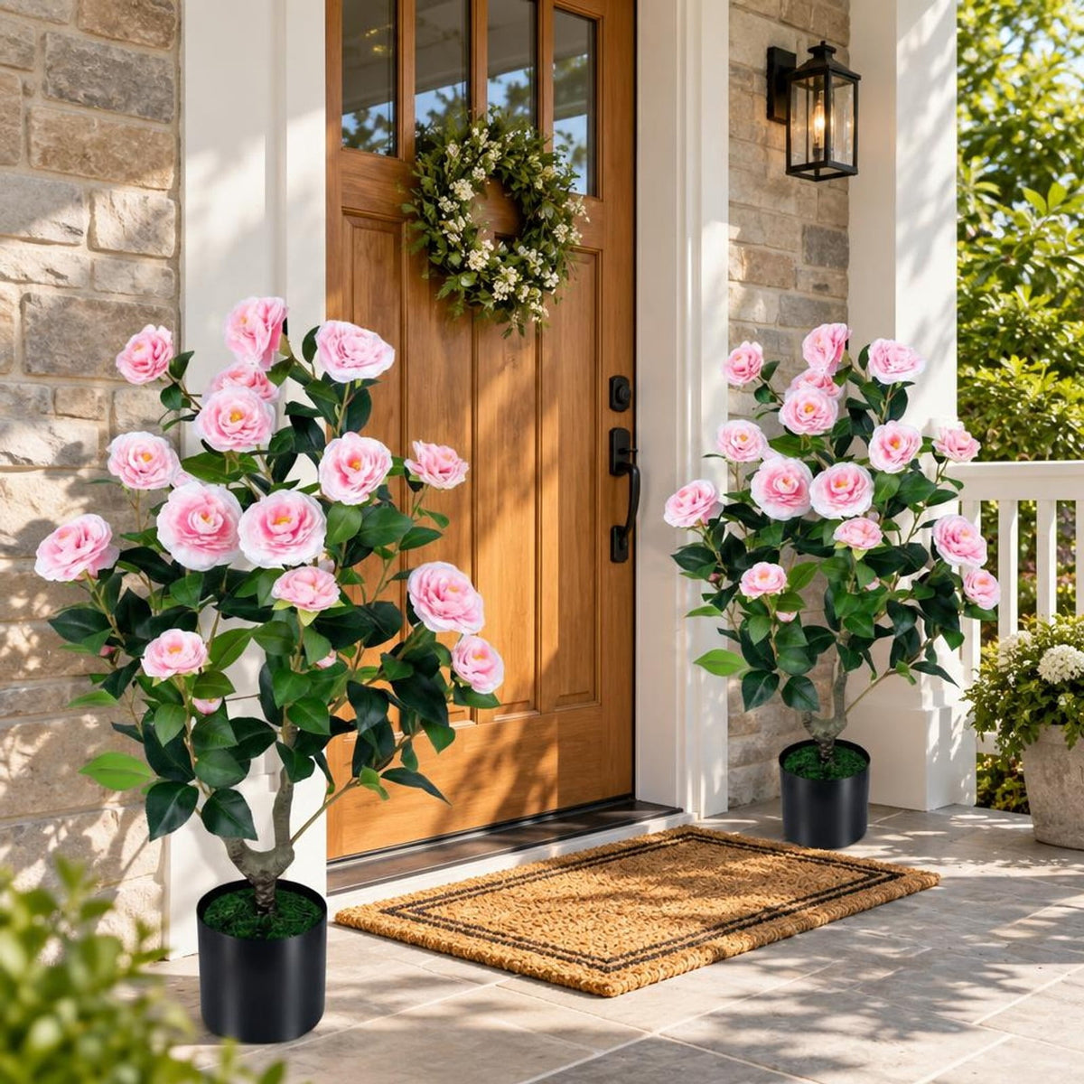 Airfind Artificial Camellia Tree Faux Flower Plant in Cement-Filled Pot, PE PP Cement Overall Height 35.5 Flower Pot Height 5 Flower Pot Frame