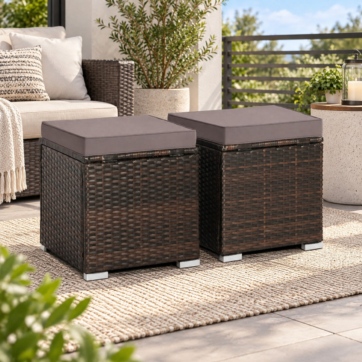 Airfind 2 Pieces Patio Ottoman with Removable Cushions, 350 lbs Capacity, Metal PE Rattan Sponge Polyester Frame, 16 x 16 x 15.5 Footprint, Gray