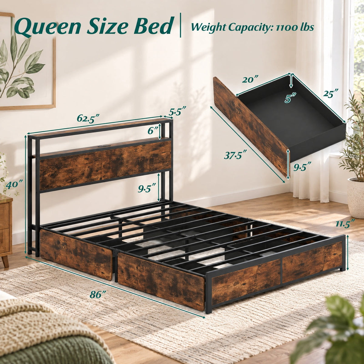Airfind Full/Queen Size LED Bed Frame with Charging Station and 4 Storage Drawers, 81 Inch x 56 Inch x 40 Inch Inner Footprint