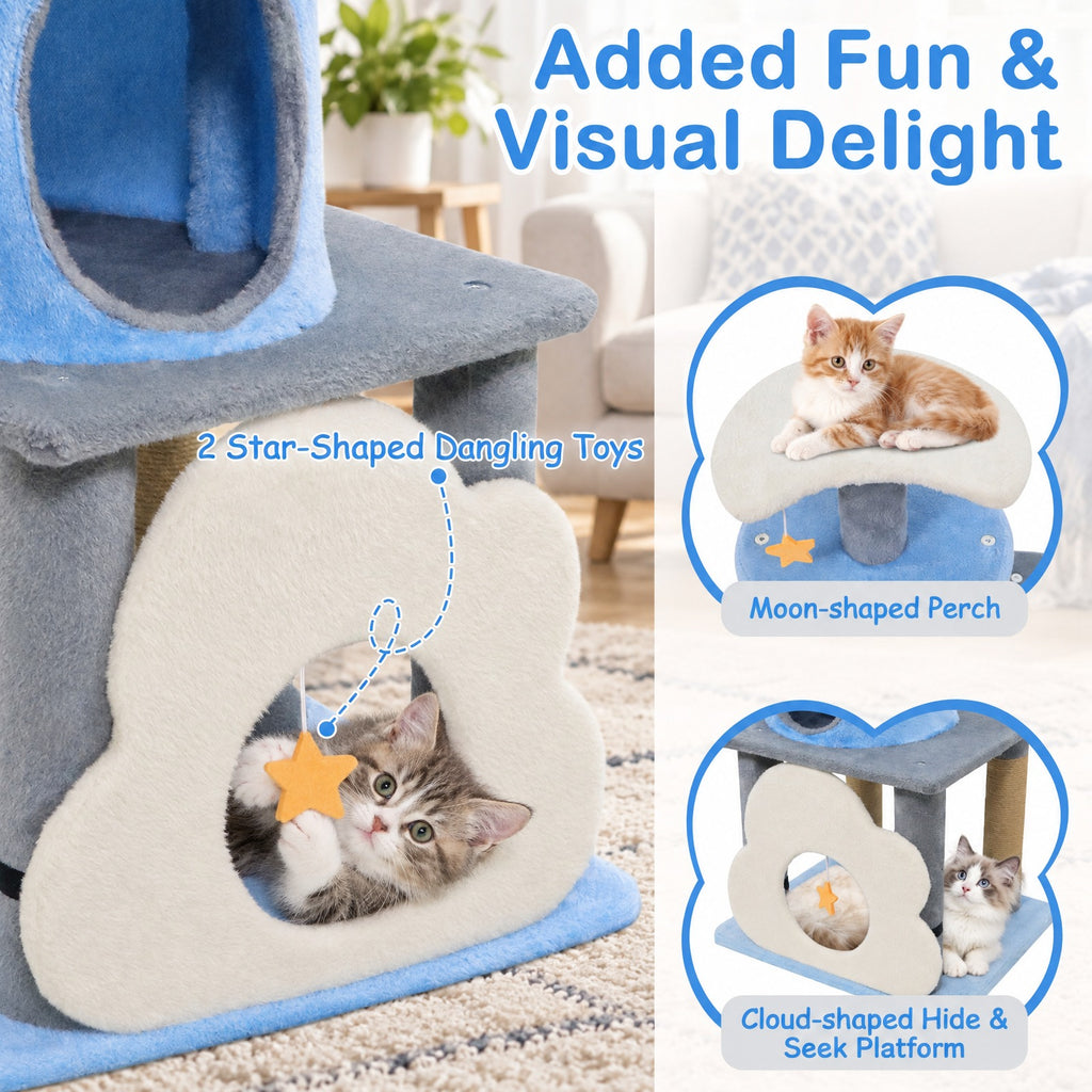 Airfind 31.5 Inch Cute Modern Cat Tree Multi-Level Kitten Tower, Engineered Board Plush Fabric Sponge Jute, 18.5 Inch X 16 Inch X 31.5 Inch Condo, Blue