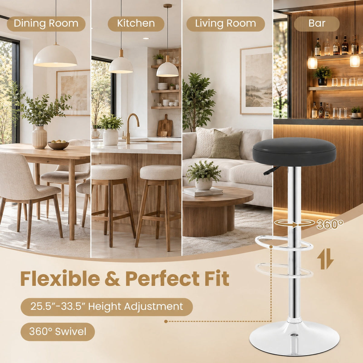 Airfind Height, adjustable Bar Stool with 360° Swivel for Kitchen and Dining, Black, 25.5 in, 33.5 in height adjustment for a flexible and perfect fit