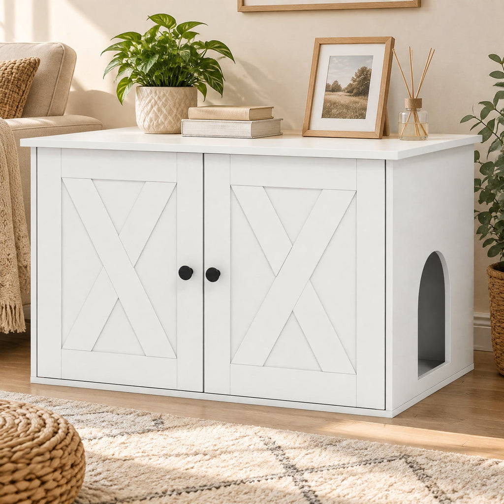 Airfind Hidden Cat Litter Box Enclosure Furniture with Divider, White, Large tabletop for plants decorations or storage, for Everyday Home Use