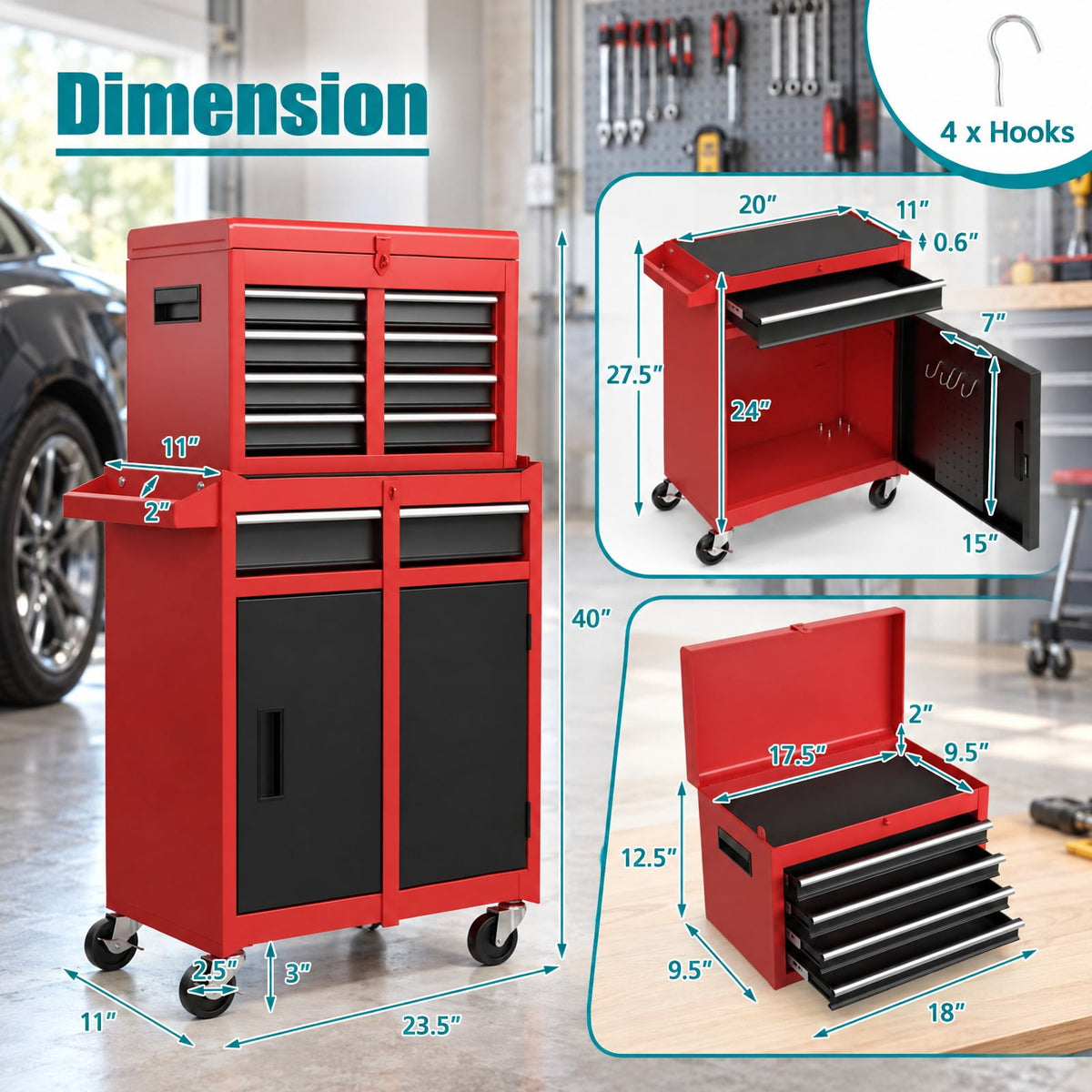 Airfind 2-in-1 Tool Chest and Cabinet with 5 Sliding Drawers-Black and Red, 220.5 lbs Capacity, Steel rubber-plastic synthetic Frame, Gray