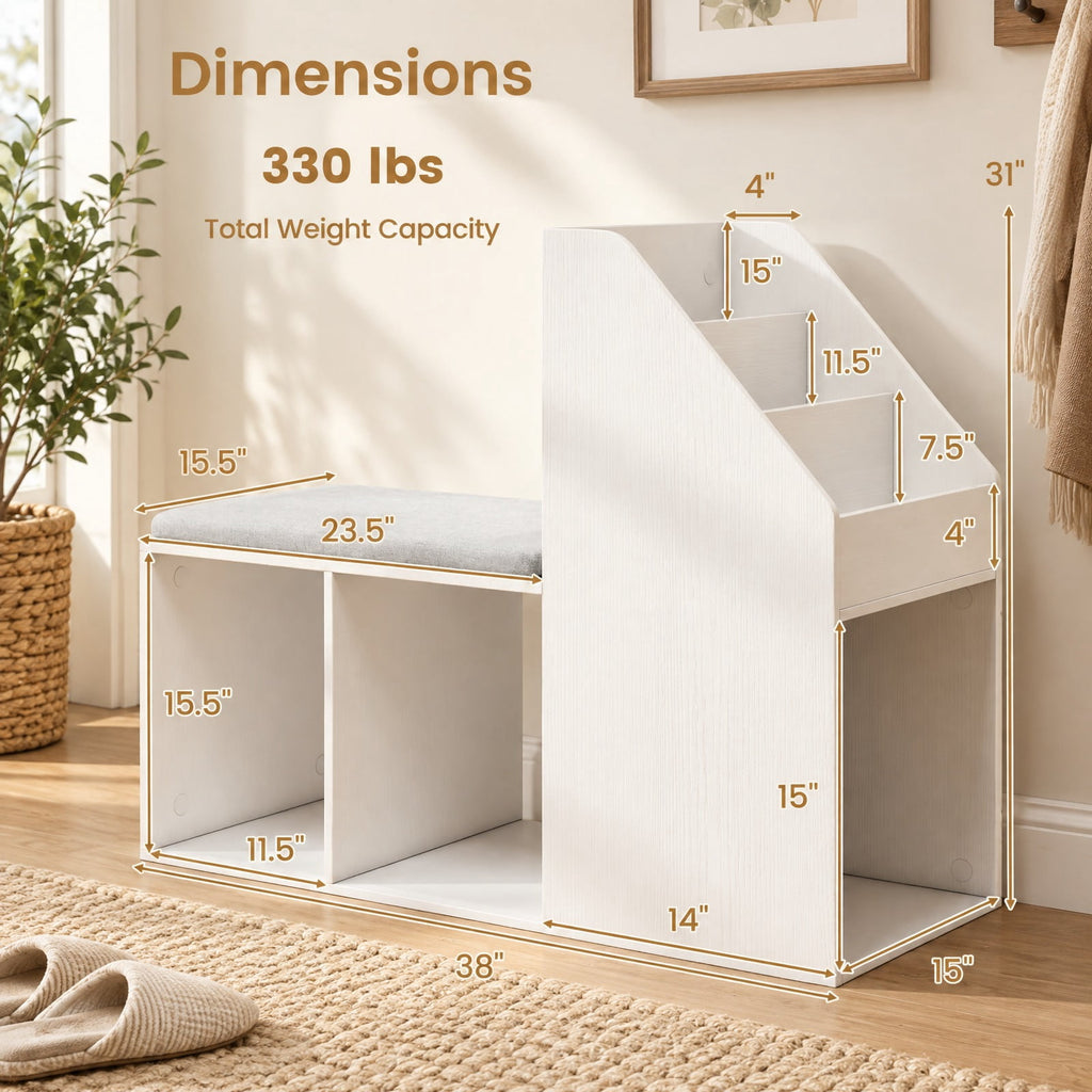 Airfind Shoe Storage Bench with Removable Seat Cushion and 6 Storage Compartments, 200 lbs Capacity, 38in x 15.5in x 31in Footprint, White