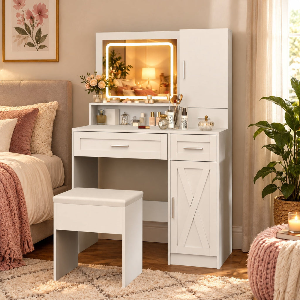 Airfind Makeup Vanity Desk with Mirror and Lights Dressing Table and Stool Set, 110 lbs Capacity, Engineered Wood Frame, White