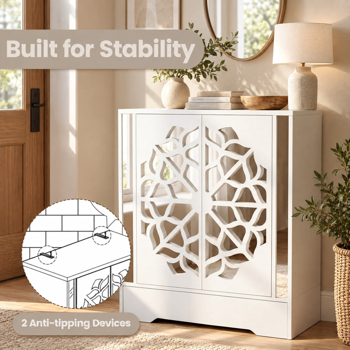 Airfind Mirrored Shoe Cabinet 4-Tier Shoe Organizer with Large Drawer, MDF Engineered Wood Frame, 31 x 16 x 37 inch Footprint, White
