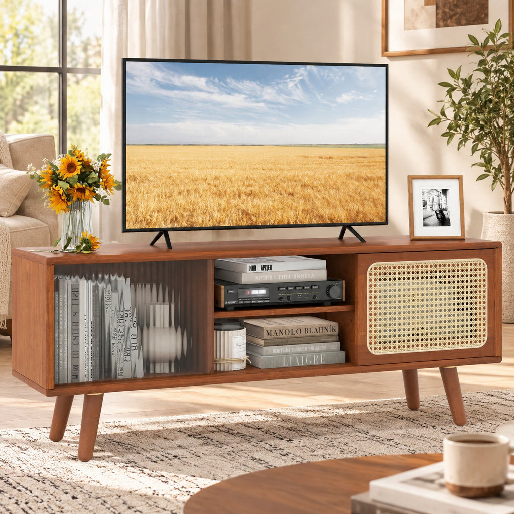Airfind Modern TV Stand with Rattan Glass Sliding Doors, Bamboo Rubber Wood Rattan Tempered Glass Frame, 47.5 x 12 x 18 Footprint, Brown
