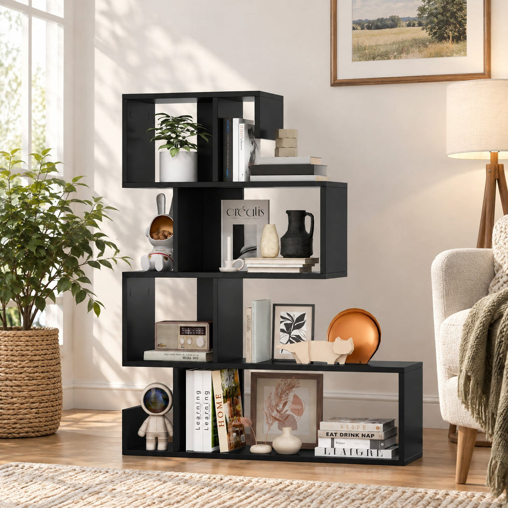 Airfind 5-Tier S-Shaped Bookshelf Geometric Z-Shelf Bookcase with Open Cubes, 44 lbs Capacity, Engineered Wood Frame, 31.5 x 8.5 x 39.5 Footprint