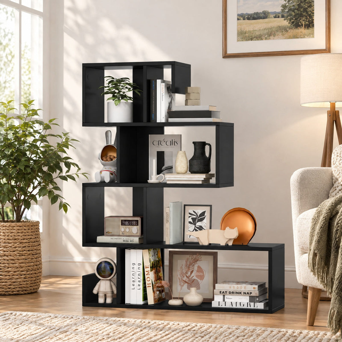 Airfind 5-Tier S-Shaped Bookshelf Geometric Z-Shelf Bookcase with Open Cubes, 44 lbs Capacity, Engineered Wood Frame, 31.5 x 8.5 x 39.5 Footprint