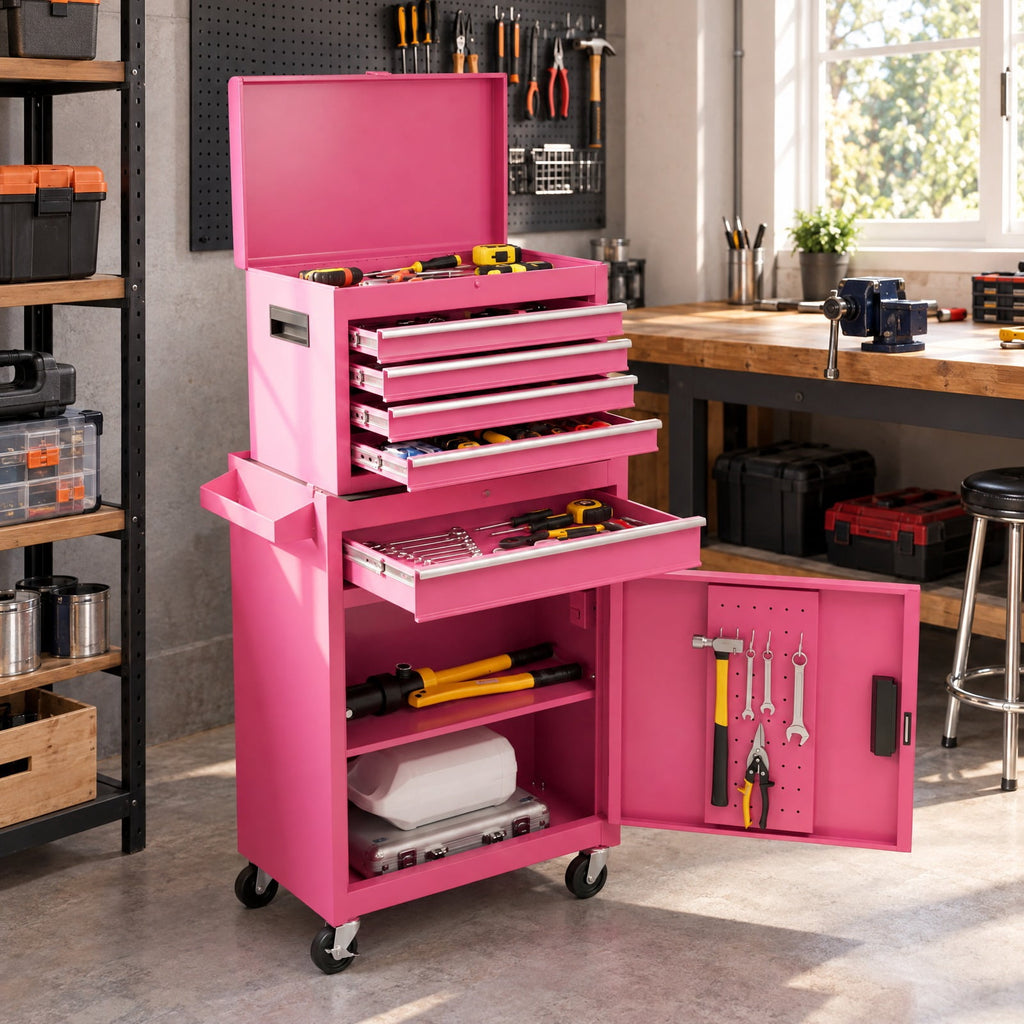 Airfind 2-in-1 Rolling Tool Chest with 5 Sliding Lockable Drawers, 220.5 lbs Capacity, Steel rubber-plastic synthetic Frame, Pink Main