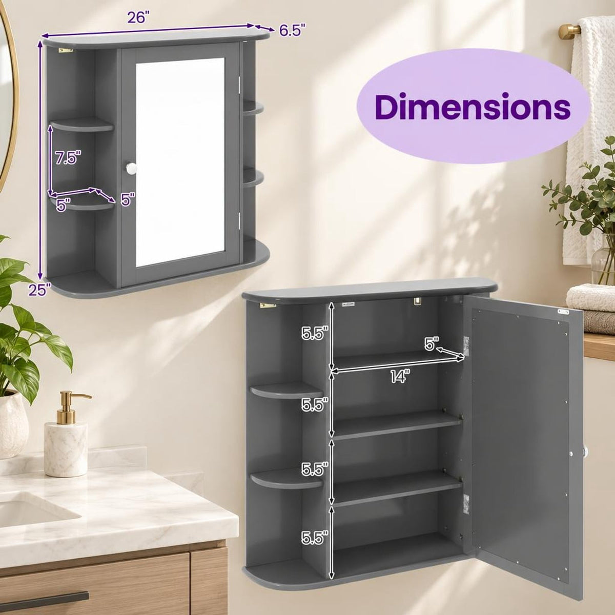Airfind Multipurpose Mount Wall Surface Bathroom Storage Cabinet with Mirror, 44 lbs Capacity, MDF Frame, Gray