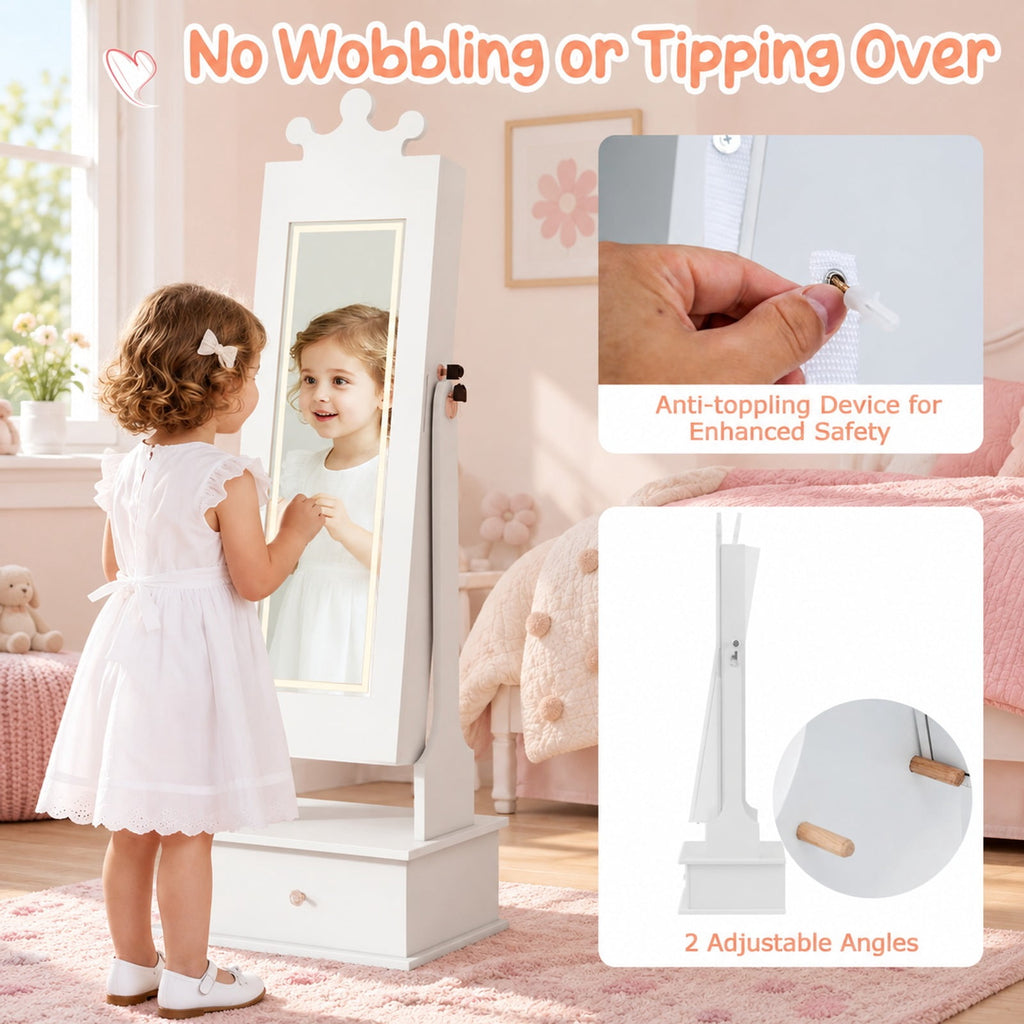 Airfind Youth Jewelry Armoire with 3-Color Lighted Full Length Mirror and Inside Led Lights, MDF Glass, 13.5 Inch X 12 Inch X 45 Inch Full-length, White