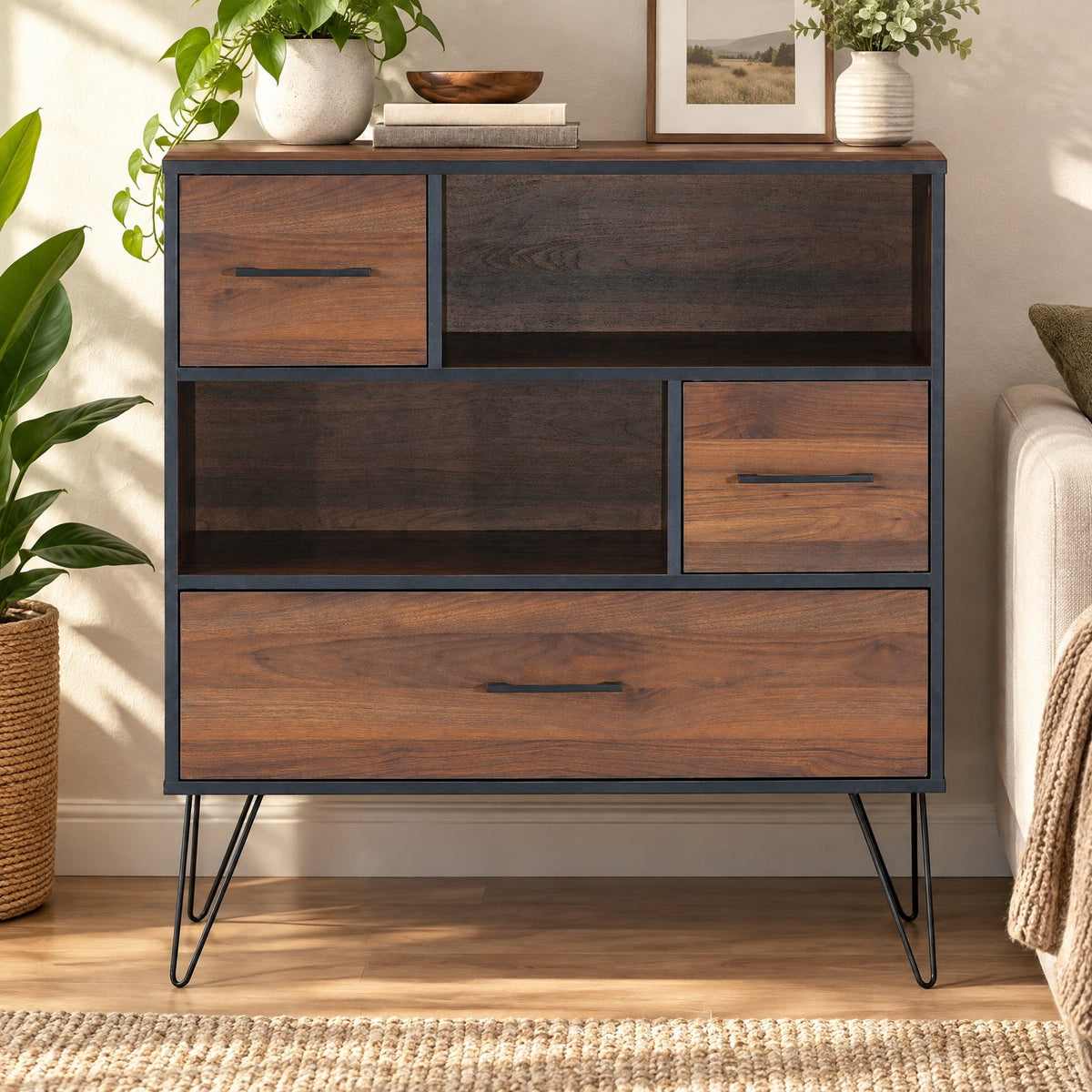 Airfind 3-Tier Wood Storage Cabinet with Drawers and 4 Metal Legs, 11 lbs Capacity, Engineered wood Metal Frame, Wood