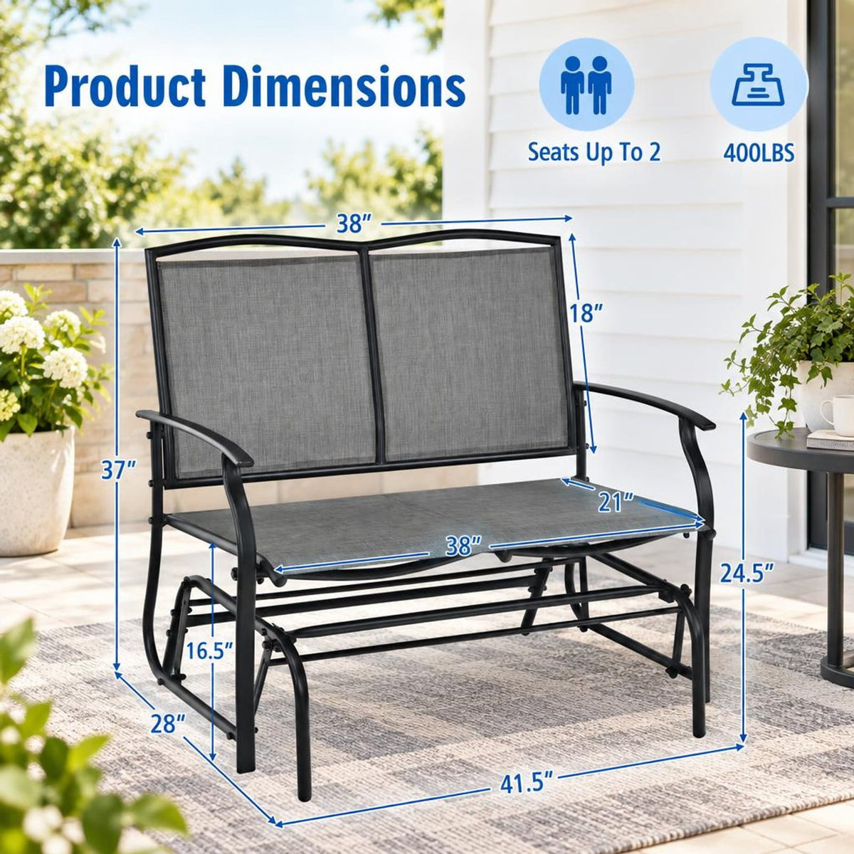 Airfind Iron Patio Rocking Chair for Outdoor Backyard and Lawn, 396 lbs Capacity, Steel and textilene Frame, 41.3 x 28.1 x 36.6 Footprint, Gray