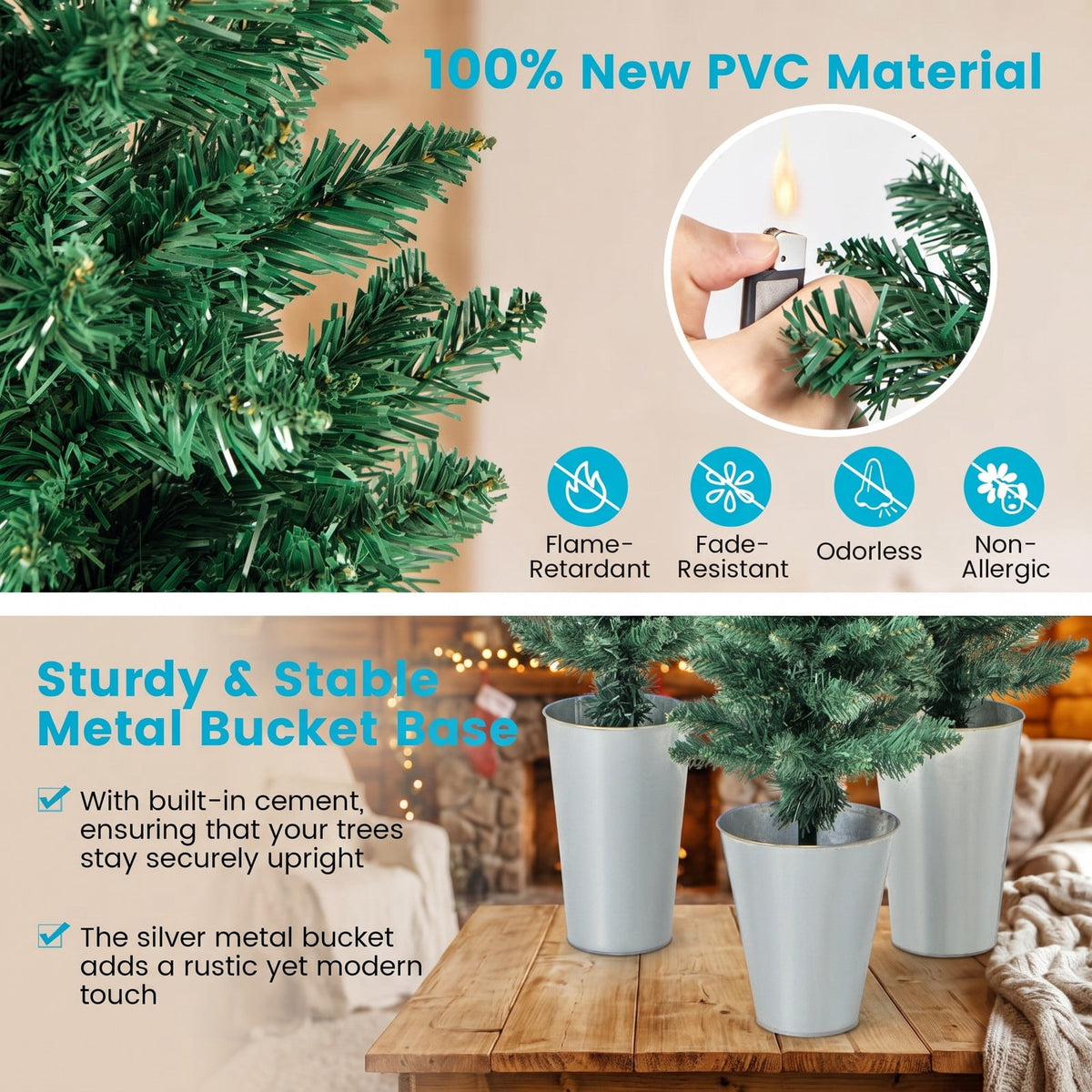 Airfind Set of 3 Potted Artificial Christmas Tree with Silver Metal Buckets, PVC Metal Tree Height 3/4/5 ft Tree Width 1 ft Frame, Silver