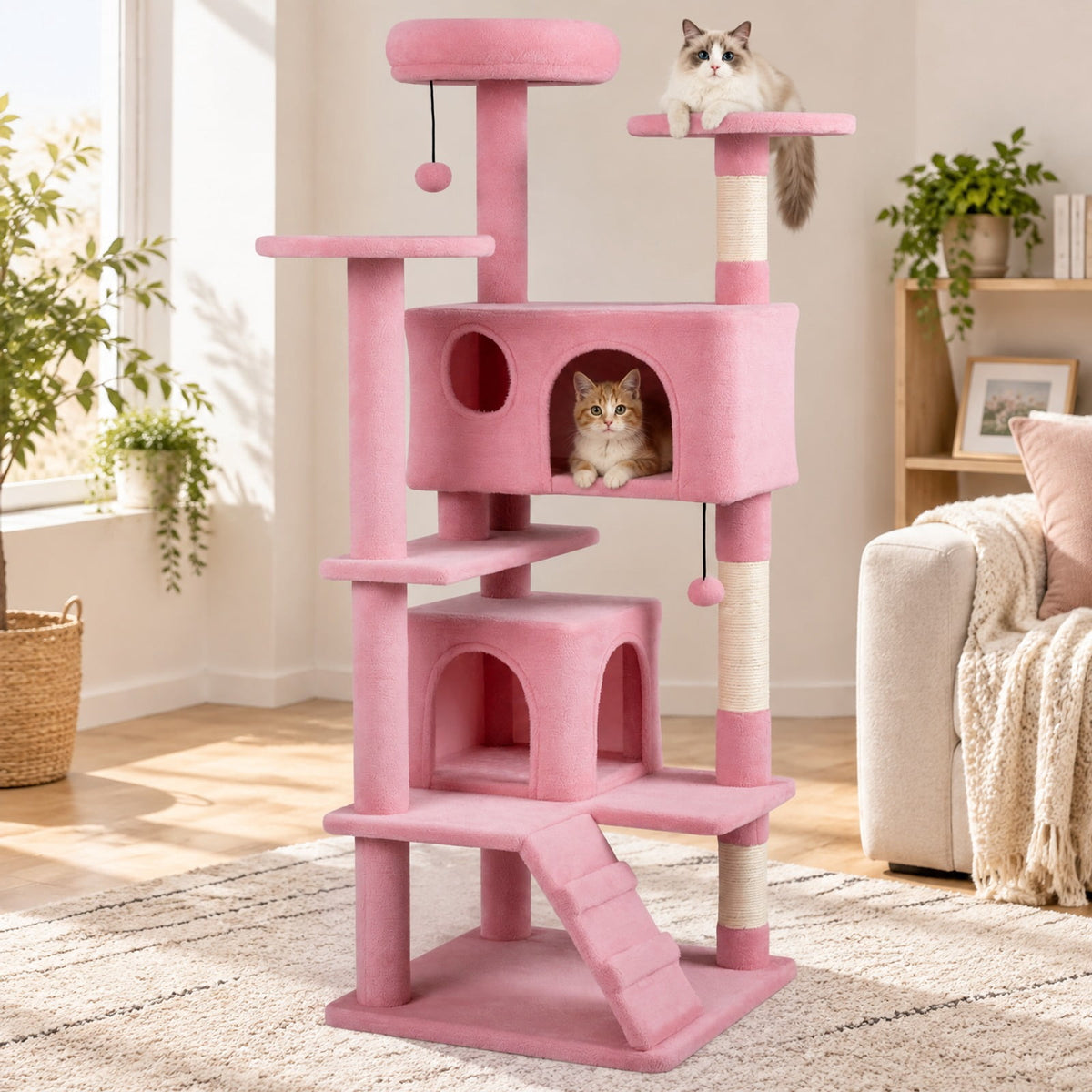 Airfind 52 Inch Tall Cat Tree Tower for Indoor Cats, 22 lbs Capacity, Engineered Wood Sponge Plush Fabric Sisal Frame, Pink