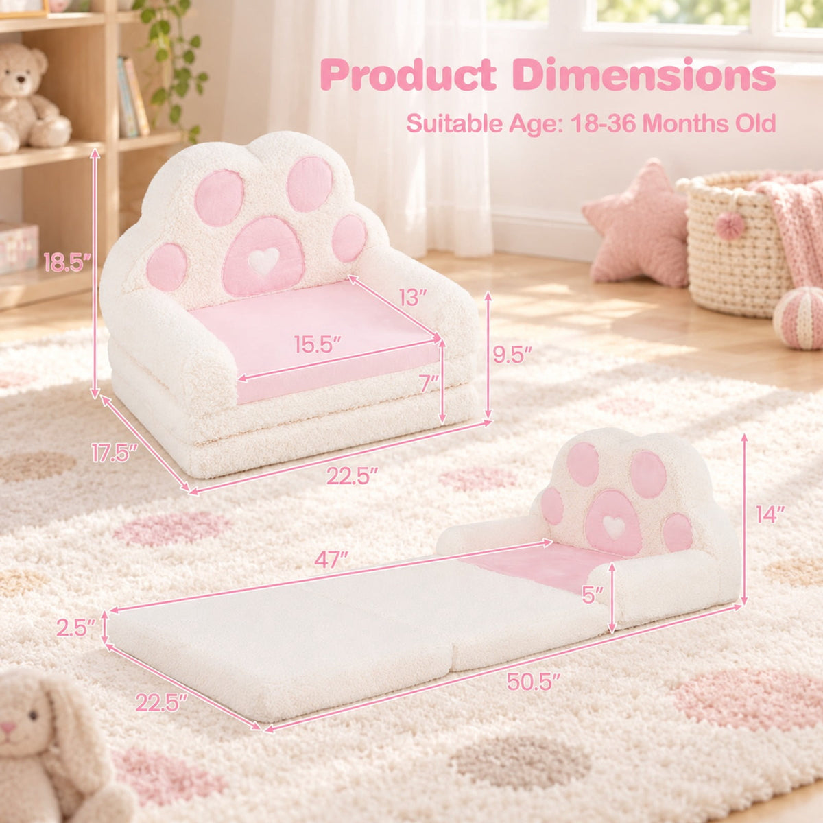 Airfind 2-in-1 Convertible Kids Sofa to Lounger with Removable Cover, Cotton Velvet Sponge Frame, for 18-36 Months Old, Pink