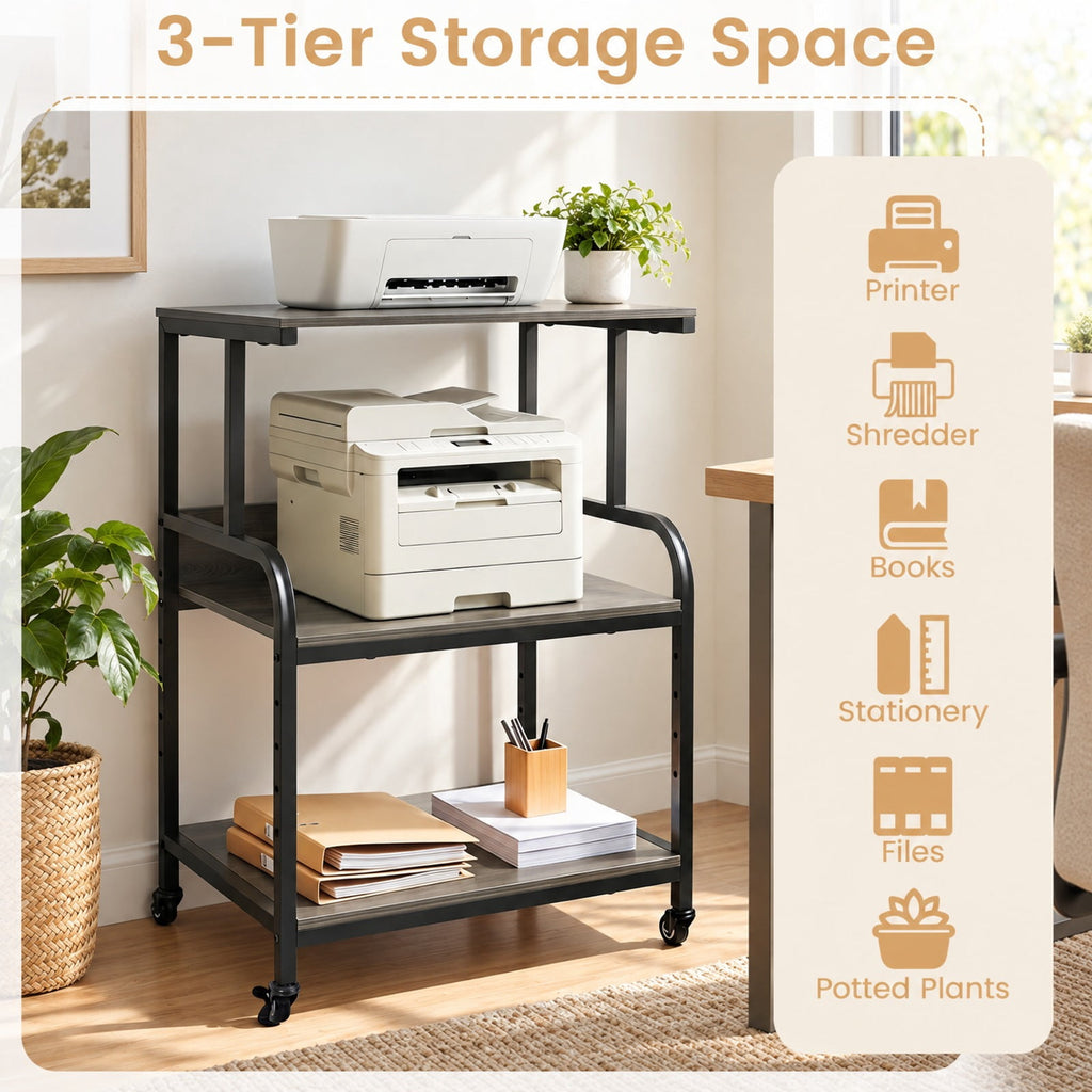 Airfind 3-Tier Rolling Printer Stand with Adjustable Shelf and Lockable Wheels, 44 lbs Capacity, Metal Engineered Wood Frame, Oak