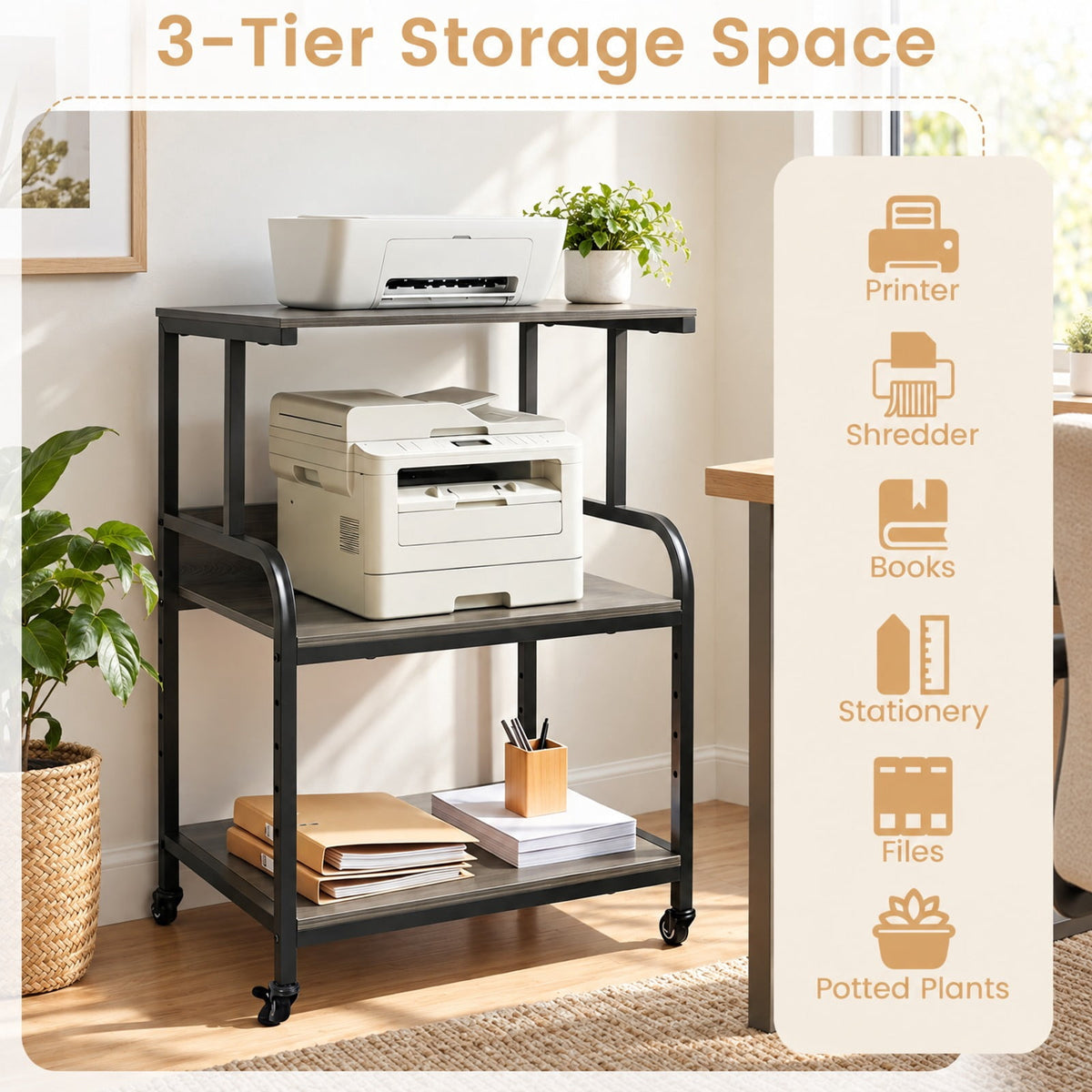 Airfind 3-Tier Rolling Printer Stand with Adjustable Shelf and Lockable Wheels, 44 lbs Capacity, Metal Engineered Wood Frame, Oak