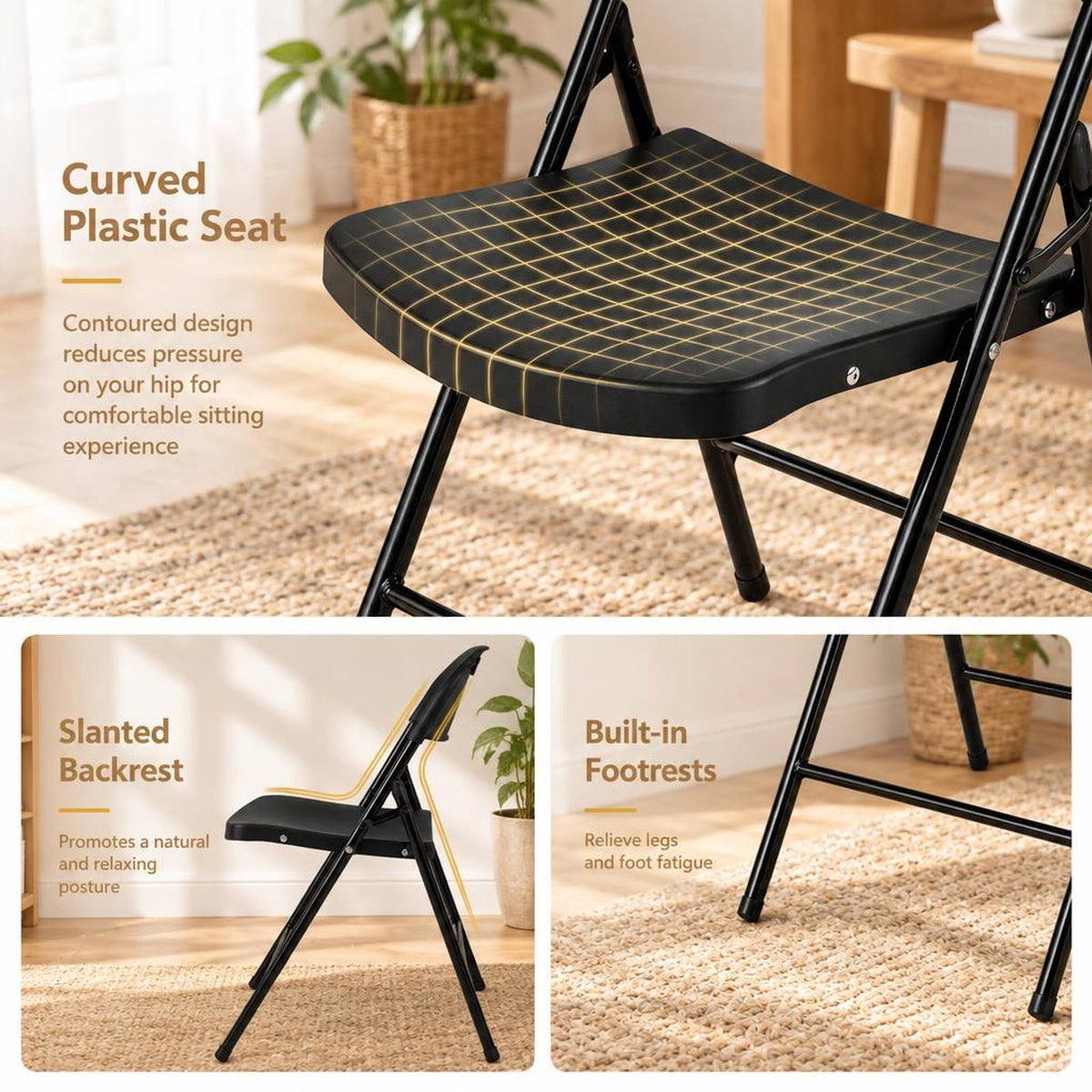 Airfind Set of 6 Foldable Plastic Chairs with Ergonomic Backrest, 330 lbs Capacity, PP Metal Frame, 20.5 Inch x 13.5 Inch x 30.5 Inch Footprint, Black