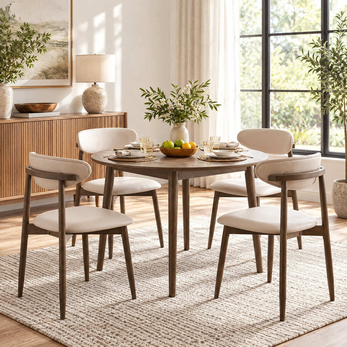 Airfind Set of 4 Wooden Modern Upholstered Dining Chairs with Curved Backrest, 330 lbs Capacity, Rubber Wood Frame, Beige