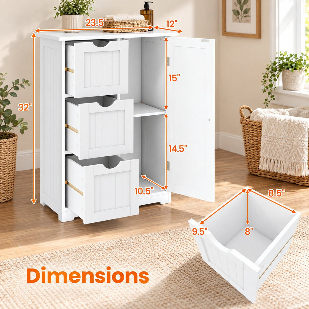 Airfind Bathroom Floor Cabinet Side Storage Cabinet with 3 Drawers and 1 Cupboard, MDF Frame, 24 x 12 x 32 Footprint, White
