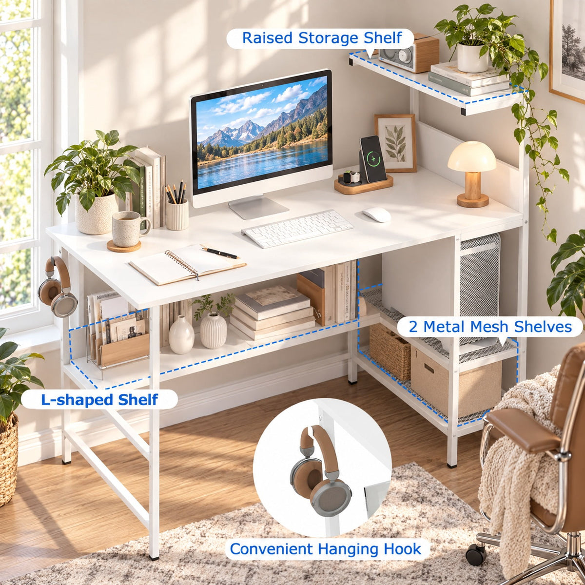 Airfind 48 Inch Computer Desk with Power Outlets and Storage Shelves, 88 lbs Capacity, Engineered Wood Metal Frame, 48 Inch x 23 Inch x 43.5 Inch Footprint