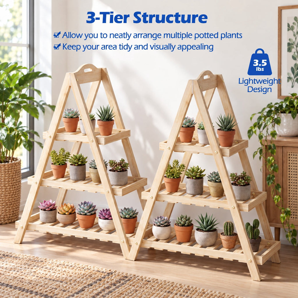 Airfind 3-Tier Plant Stand Flower Pot Display Shelf, Shelf 11 lbs Total Capacity, Fir Wood Frame, 23 x 10 x 28.5 Footprint, Natural