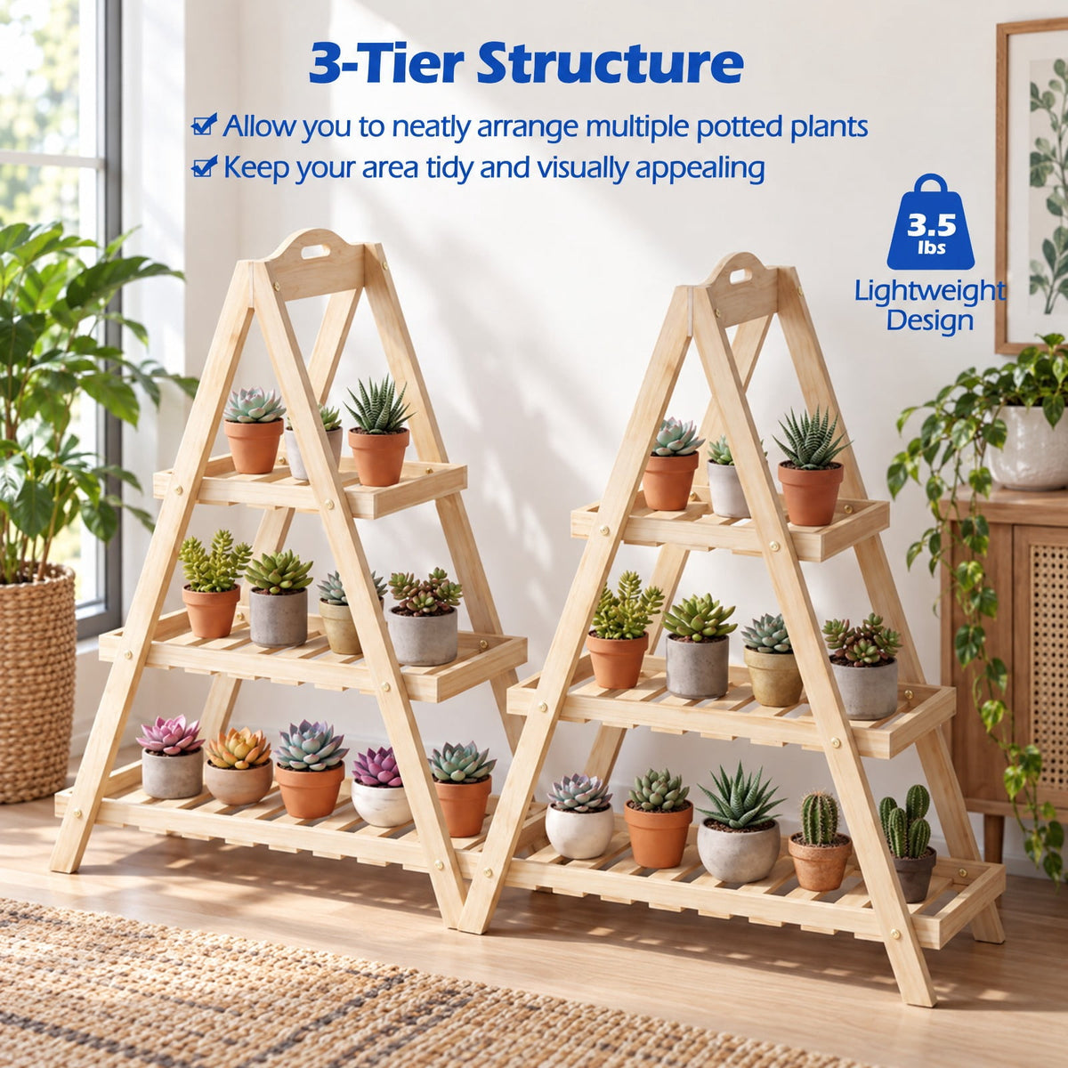Airfind 3-Tier Plant Stand Flower Pot Display Shelf, Shelf 11 lbs Total Capacity, Fir Wood Frame, 23 x 10 x 28.5 Footprint, Natural