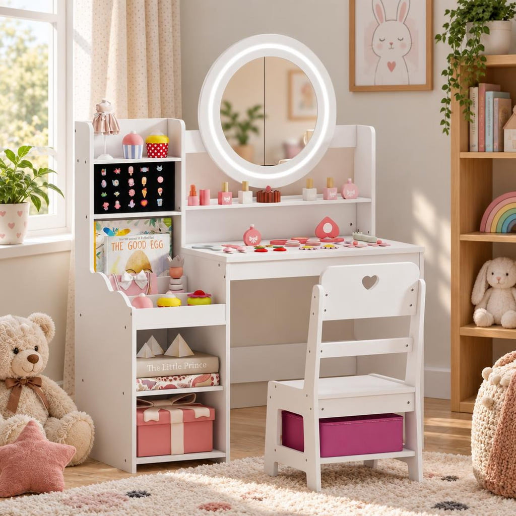 Airfind Kids Vanity Desk with Mirror and Lights Princess Pretend Play Dressing Table and Chair Set, 66 lbs Capacity, MDF Frame, for 3+ years old