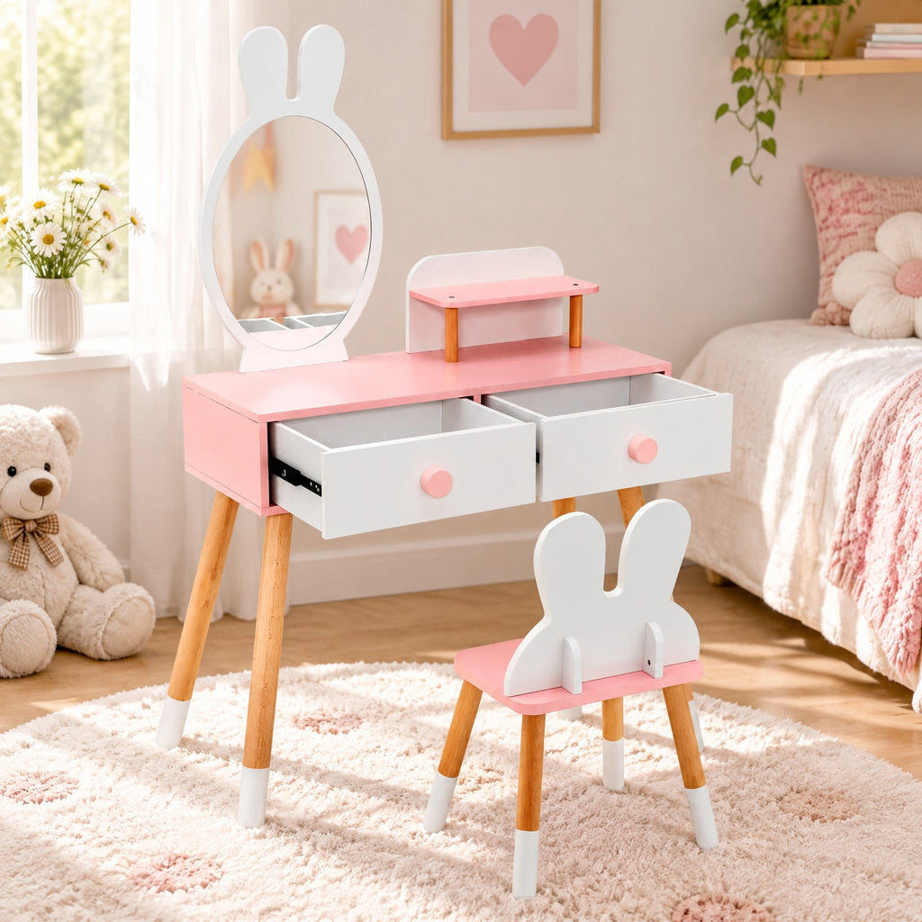 Airfind Kids Vanity Table and Chair Set with Drawer Shelf and Rabbit Mirror, 66 lbs Capacity, MDF Beech Wood Frame, White