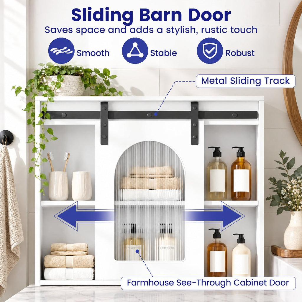 Airfind Over Toilet Storage Cabinet with Sliding Barn Door and Open Shelves for Bathroom, 44 lbs Capacity, Engineered Wood Frame, White