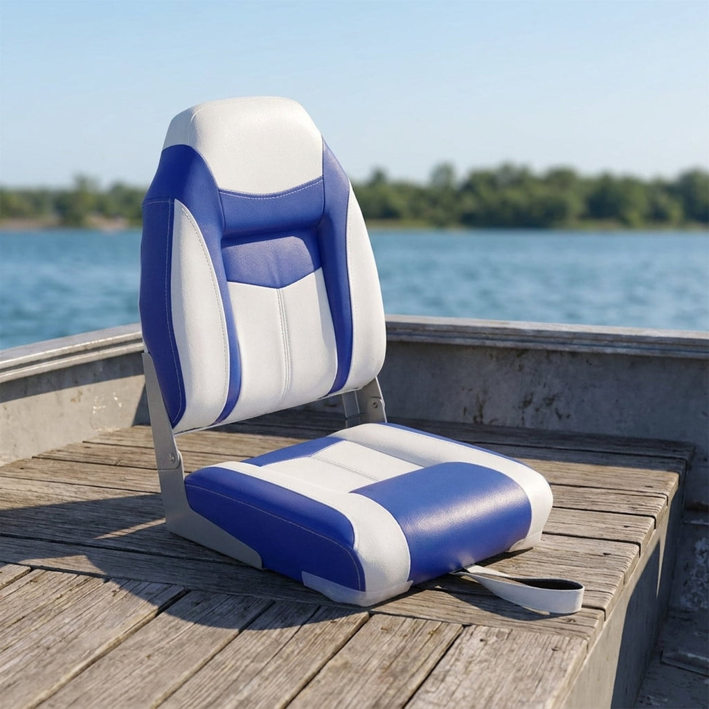 Airfind High Back Folding Boat Seat with Soft Padded Cushion and Waterproof Vinyl for Fishing and Pontoon Boats with Aluminum Hinges, Blue