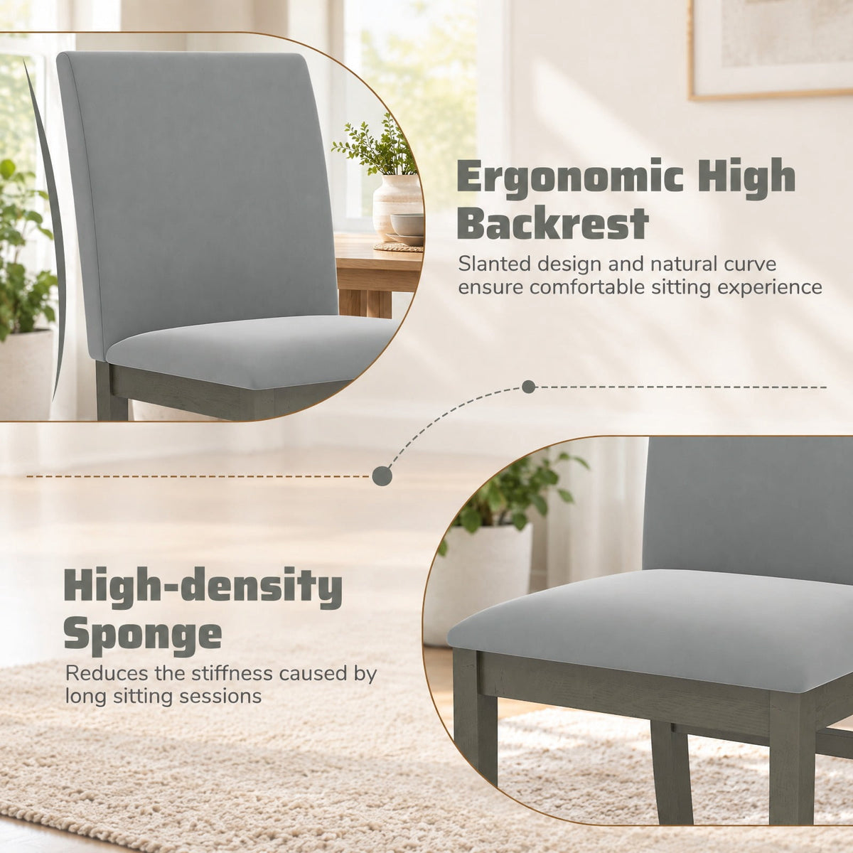 Airfind Upholstered Dining Chairs Set of 2 with Rubber Wood Legs and High Back, Gray, Curved rear legs ensure enhanced stability