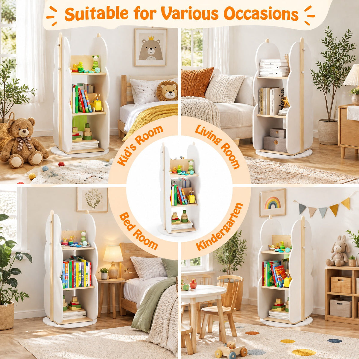 Airfind 360° Kids Rotating Bookshelf Toy Storage Organizer with 5 Shelves, Engineered Board Frame, White