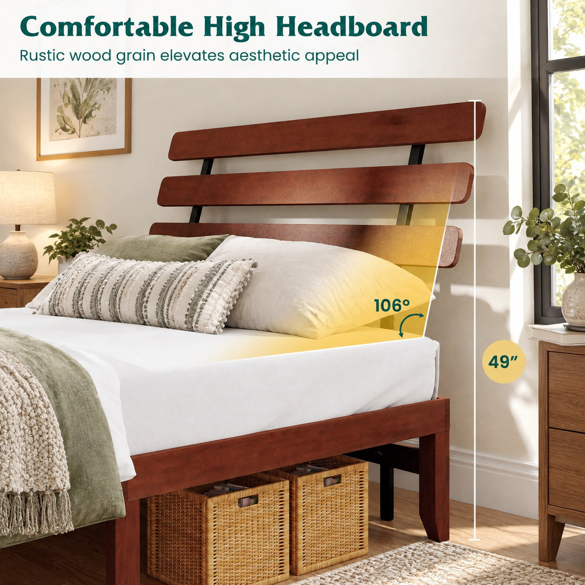 Airfind Queen Size Bed Frame 15.5 Inch Solid Wood Platform Bed with Retro Headboard, 550 lbs Capacity, Plywood Rubber Wood Metal Frame, Wood